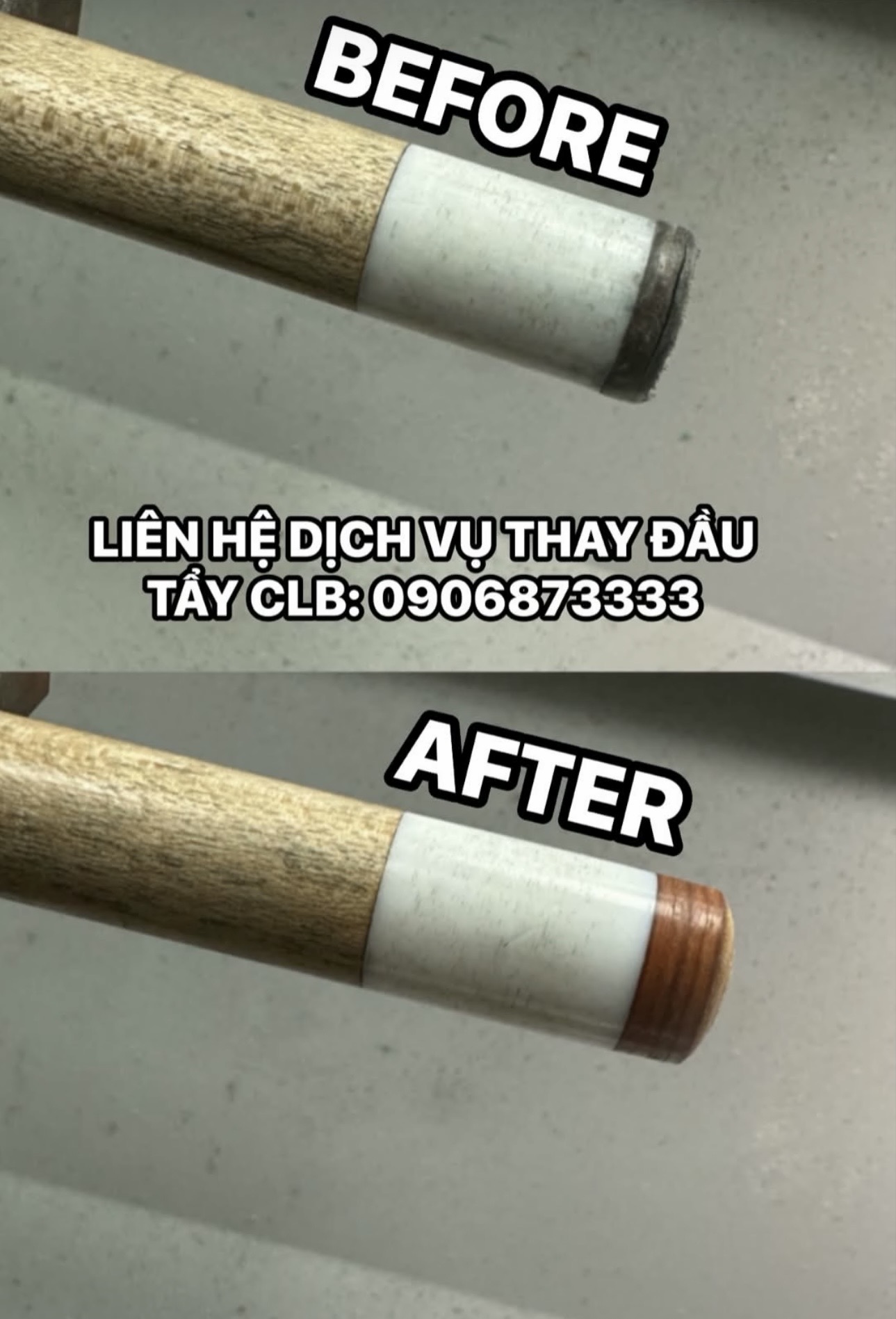 Hình ảnh trước và sau khi thay tẩy đầu cơ bida